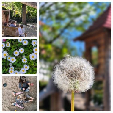 Collage aus Blumenbilder und zwei Mädchen beim Spielen von oben und eine Bank, auf der eine Frau und Kinder sitzen.