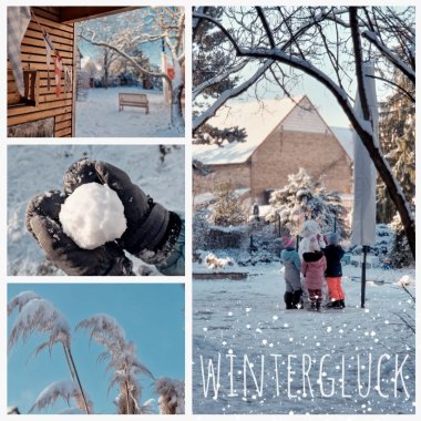Grafik mit verschiedenen Bilder des Kinderburg Außengeländes im Schnee