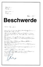 Blatt Papier mit dem Wort "Beschwerde" und unleserlicher Schrift