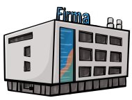 ein großes rechteckiges Haus, auf dem der Schriftzug "Firma" steht