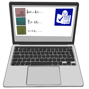 aufgeklappter Laptop, Bildschirm zeigt stilisierte Bilder und Schrift