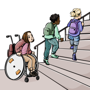 zwei Kinder laufen eine Treppe hoch, ein Kind sitzt unten in einem Rollstuhl und schaut unglücklich die Treppe an.