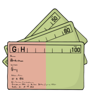 Karten, die mit stilisierte Schrift vollgeschrieben sind