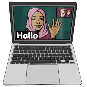 ein aufgeklappter Laptop, dessen Bildschirm groß eine Frau zeigt. Dabei steht das Wort "Hallo". Im Hintergrund ist ein kleines Bild, das das Gesicht eines Mannes zeigt.