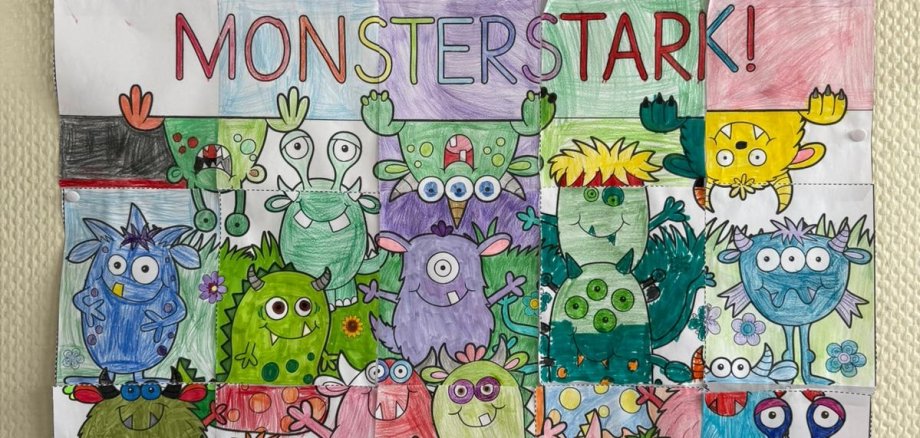 Buntes Bild mit Text "Zusammen sind wir MONSTERSTARK"