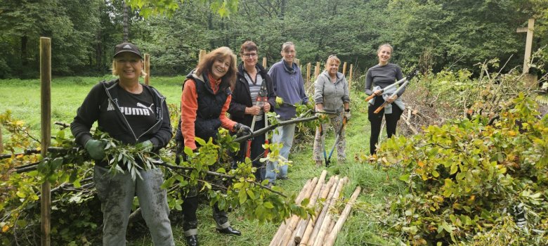 Frauen mit Gartenwerkzeuge in der Hand stehen vor einer Benjeshecke