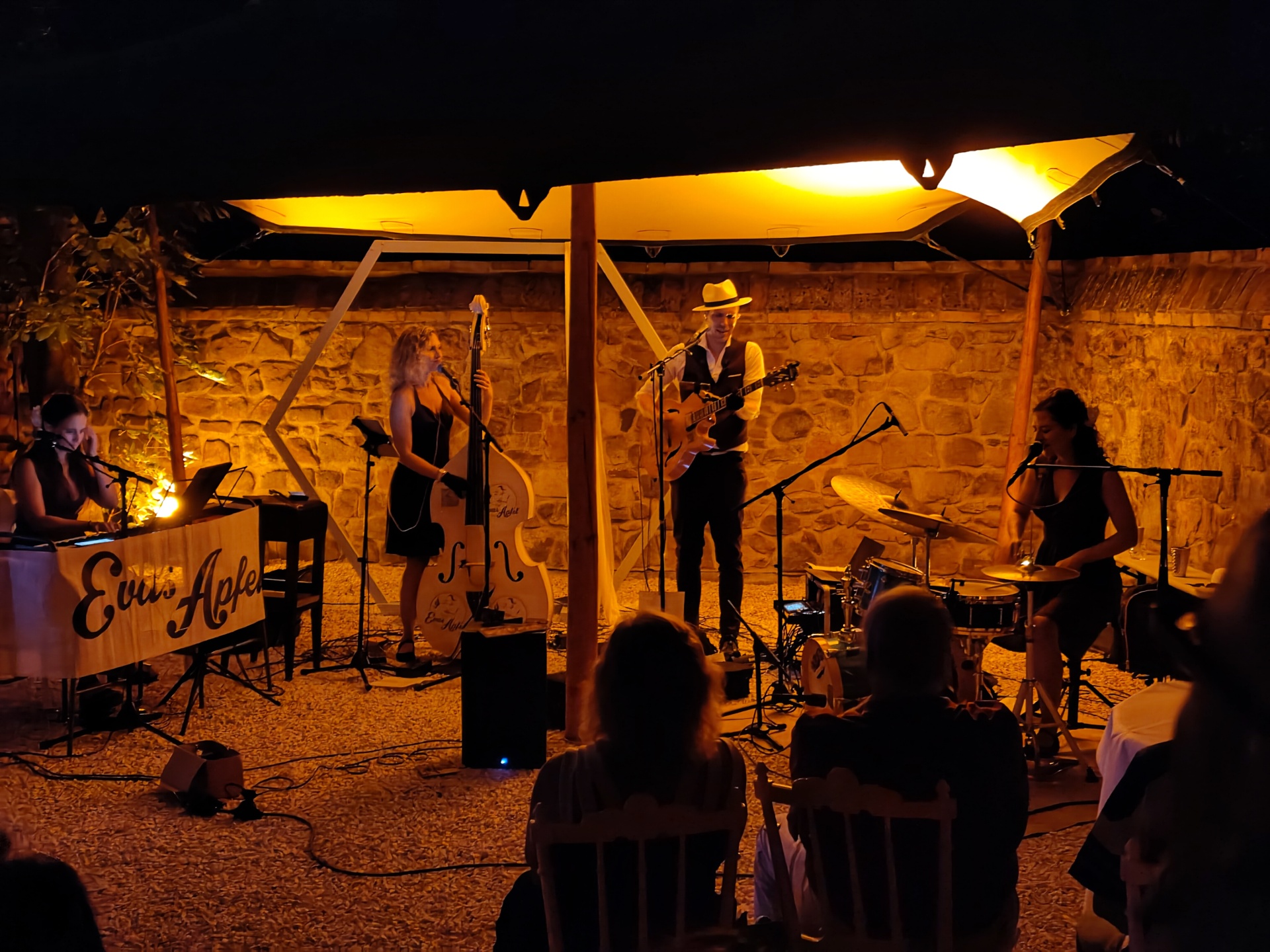 drei Frauen und ein Mann mit Instrumenten