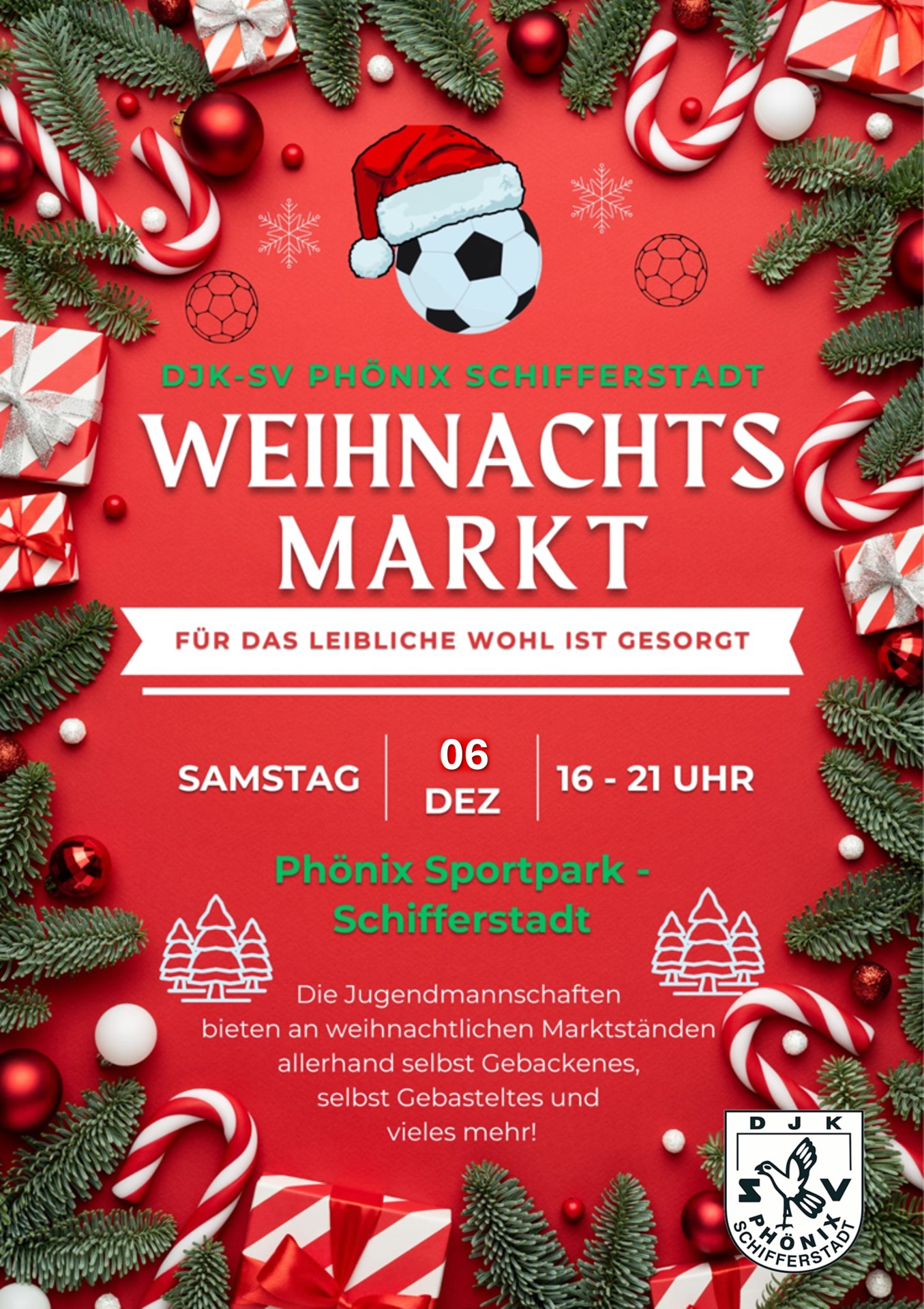 Rotes Plakat mit weihnachtlicher Deko