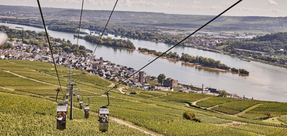 Seilbahn mit Ort und Rheinschleife im Hintergrund