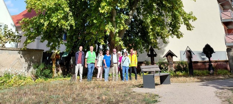 Männer und Frauen stehen vor einem Baum